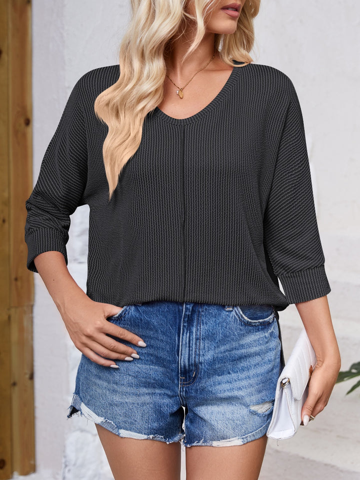 Textured Round Neck Three-Quarter Sleeve Blouse Trendsi