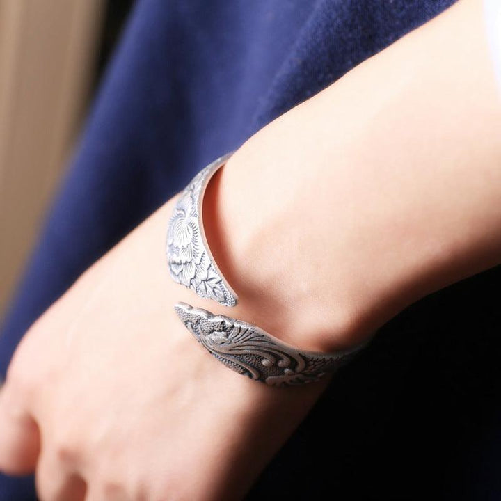 S999 Pure Silver Phoenix Peony Wide Side Thai Silver Matte Retro Ethnic Style Bracelet Women - Super Amazing Store