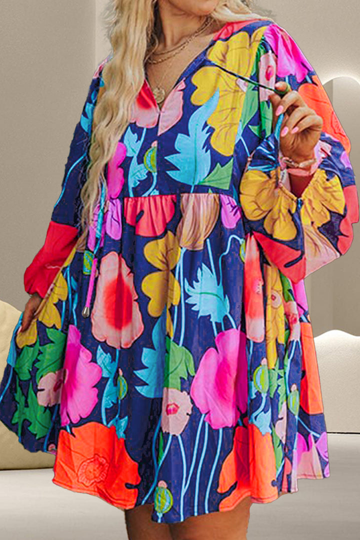 Plus Size Printed Tie Neck Long Sleeve Dress Trendsi