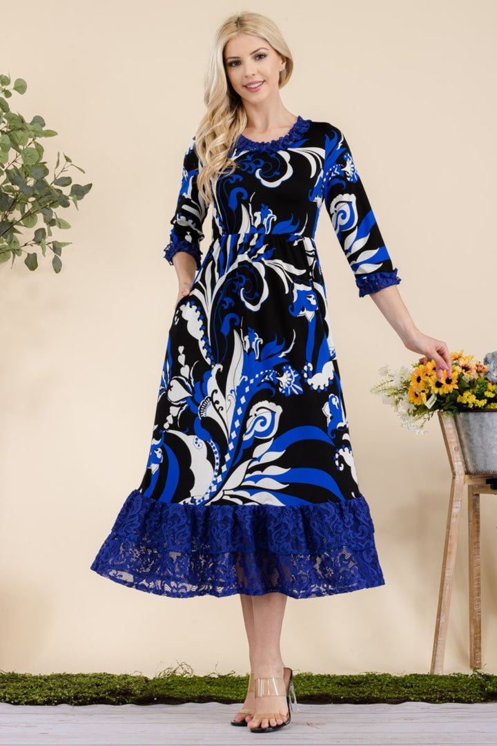 Celeste Full Size Paisley Print Lace Ruffled Midi Dress Trendsi