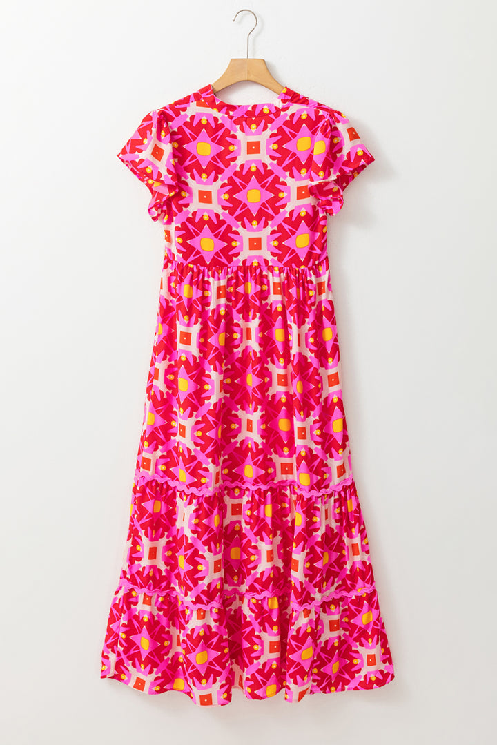 Printed Notched Cap Sleeve Dress Trendsi