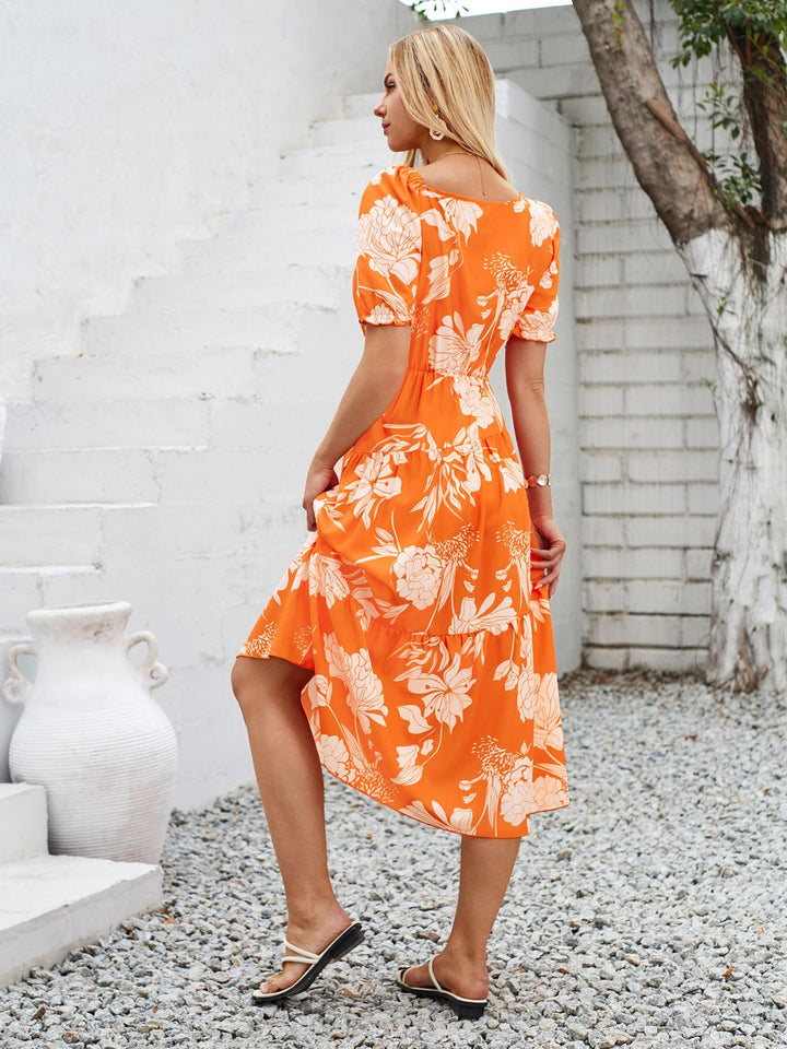 Printed Asymmetric Neck Short Sleeve Midi Dress Trendsi