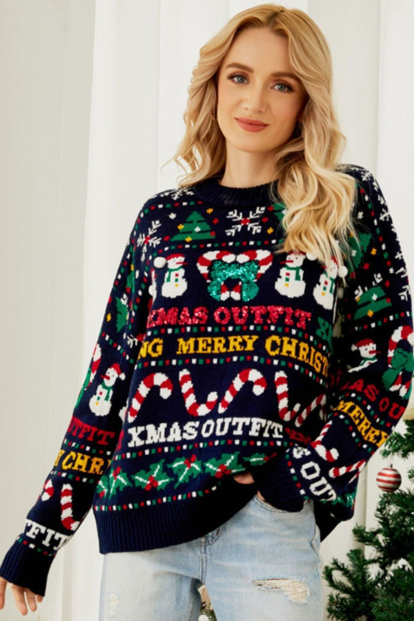 Christmas Print Crewneck Dropped Shoulder Sweater Trendsi