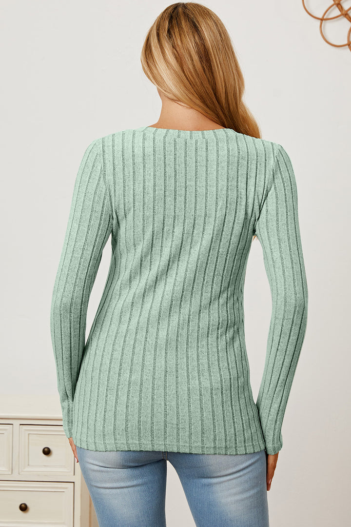 Basic Bae Full Size Ribbed V-Neck Long Sleeve T-Shirt Trendsi