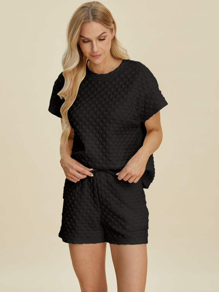 Double Take Full Size Texture T-Shirt and Shorts Set Trendsi