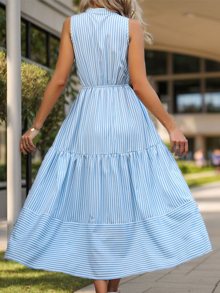 Striped Notched Sleeveless Midi Dress Trendsi