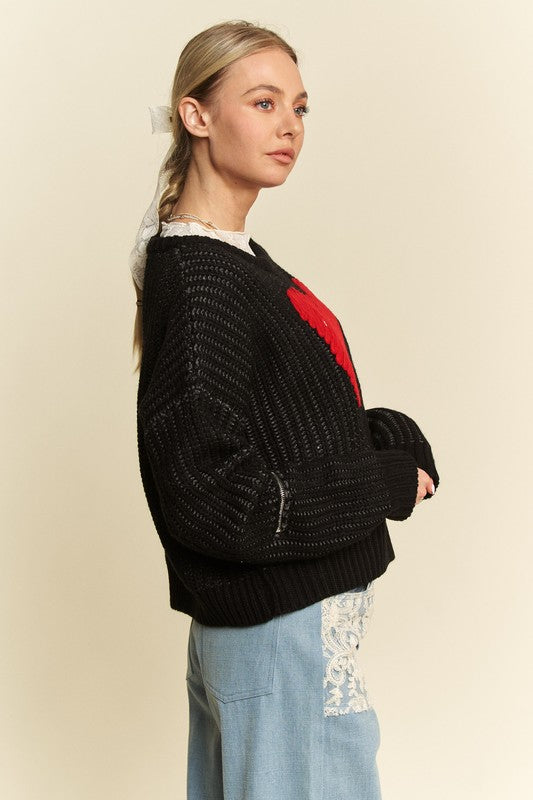 Davi & Dani Contrast Heart Dropped Shoulder Sweater Trendsi