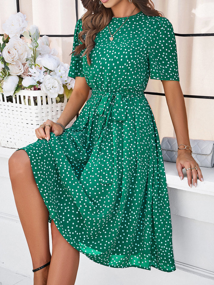 Printed Round Neck Short Sleeve Dress Trendsi