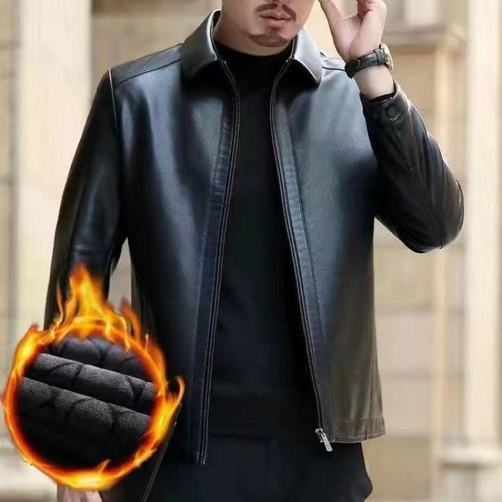 Leather Jacket For Middle-aged Men Leather Clothing With Stand Collar Men Fleece-lined-Super Amazing Store