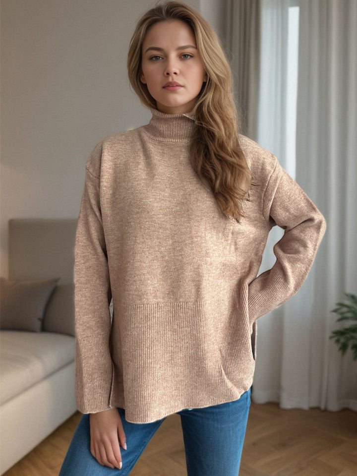 Side Slit Turtleneck Long Sleeve Sweater Trendsi