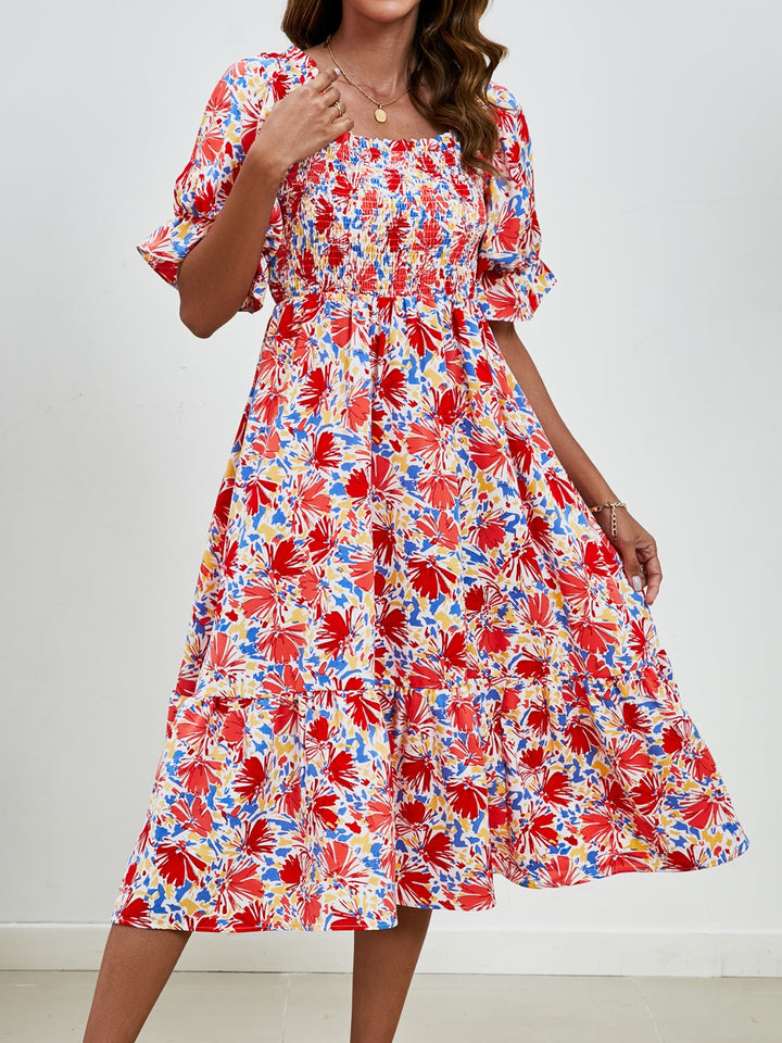 Smocked Floral Square Neck Short Sleeve Dress Trendsi