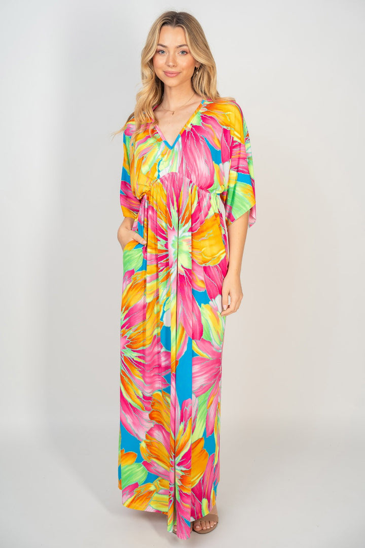 White Birch Printed V-Neck Maxi Dress with Pockets Trendsi