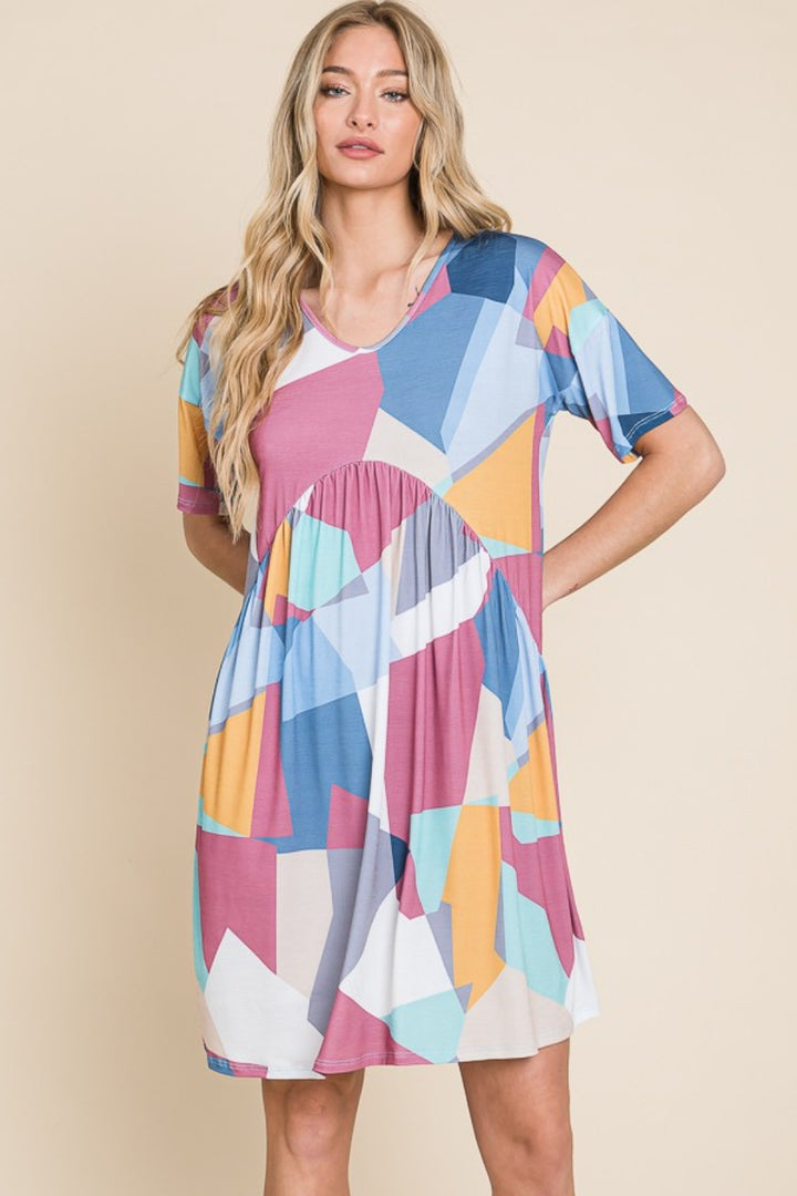 BOMBOM Ruched Color Block Short Sleeve Dress Trendsi