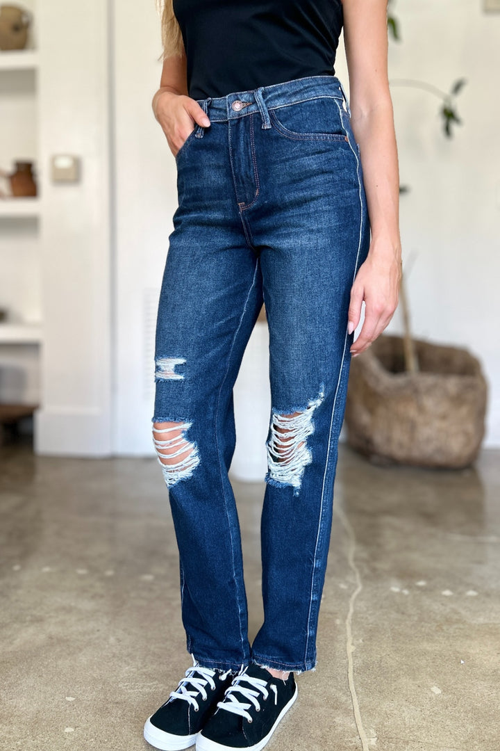 Judy Blue Full Size High Waist Rigid Magic Heavy Destroy Straight Jeans Trendsi