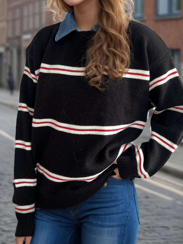 Contrast Stripes Round Neck Long Sleeve Sweater Trendsi