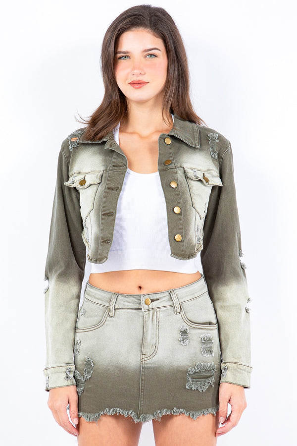 American Bazi Distressed Ombre Washed Cropped Denim Jacket Trendsi