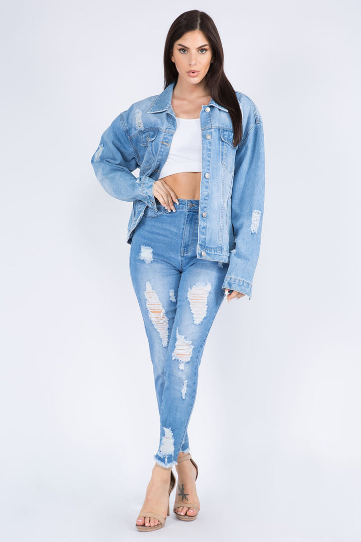 American Bazi Full Size Painted Back Distressed Denim Jacket Trendsi