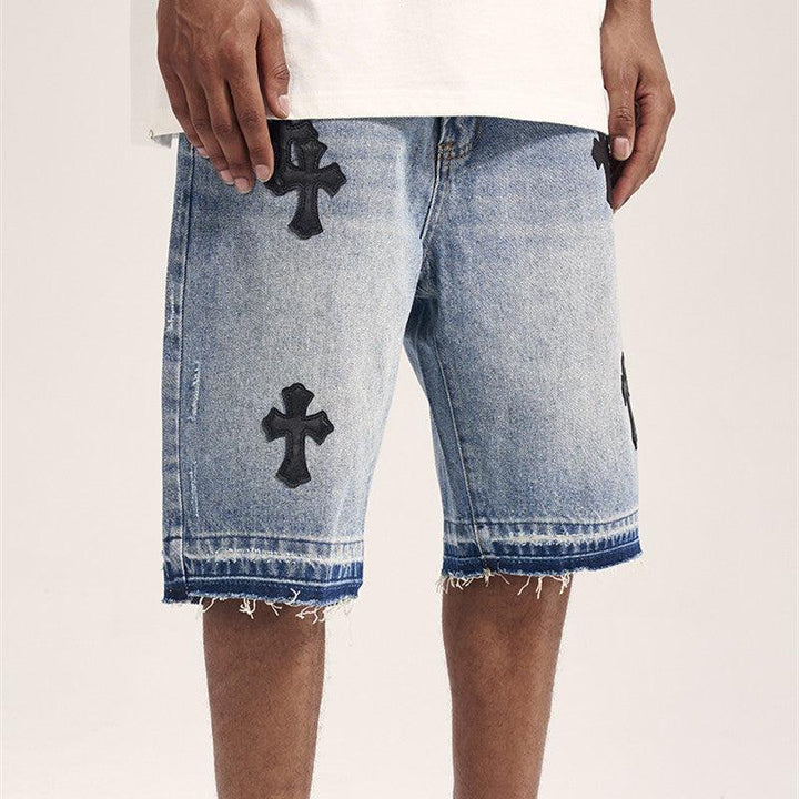 Embroidered Raw Edge Tide Brand Summer Casual Denim Shorts For Men - Super Amazing Store