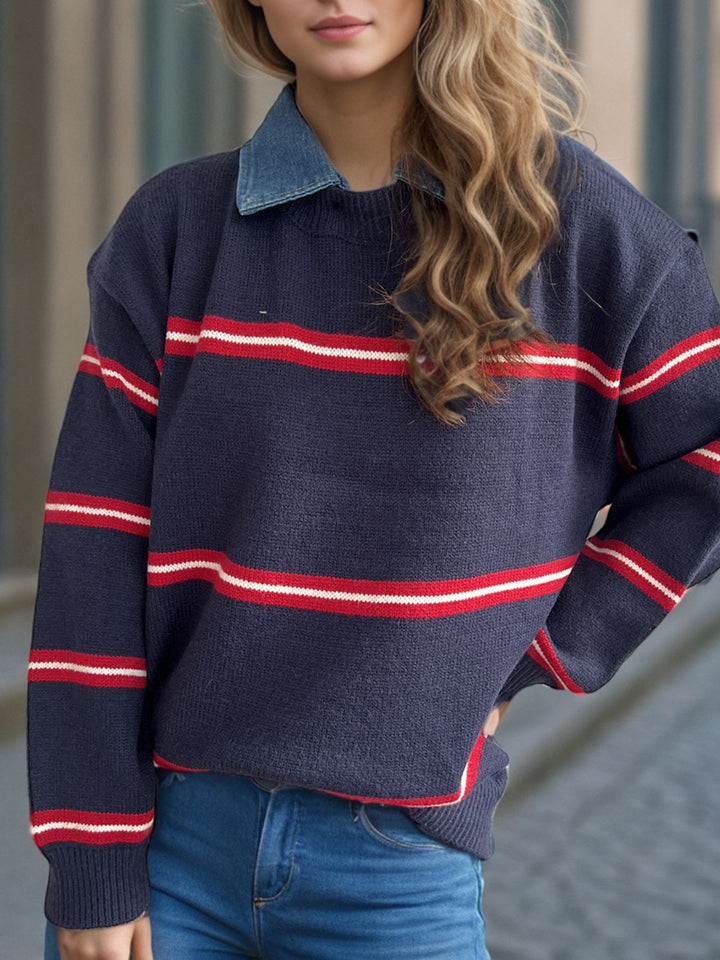 Contrast Stripes Round Neck Long Sleeve Sweater Trendsi