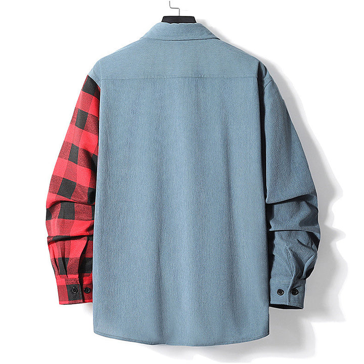 Casual Color-matching Plaid Shirt Autumn And Winter Corduroy Long-sleeved Lapel Shirt Q2