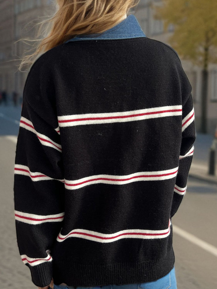 Contrast Stripes Round Neck Long Sleeve Sweater Trendsi