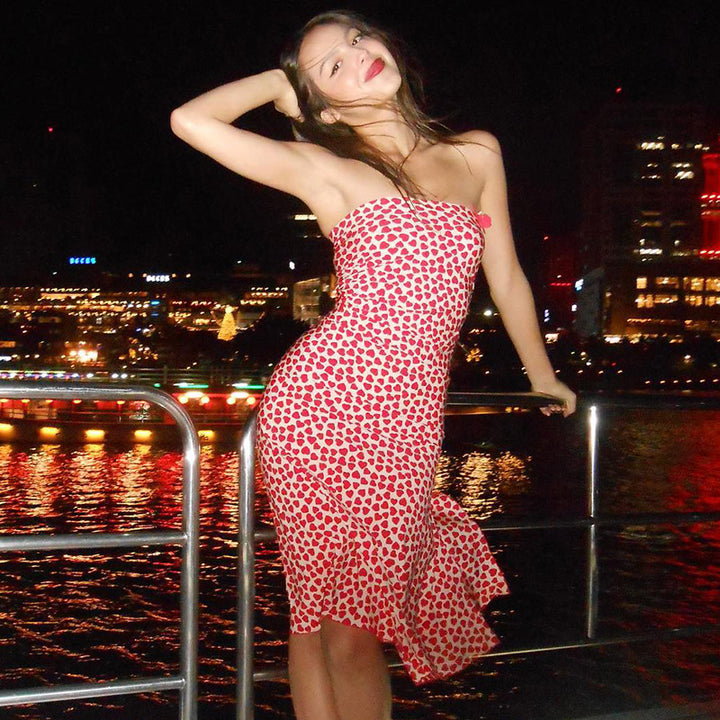 Tube Top Stitching Bow Irregular Slit Floral Dress Q2