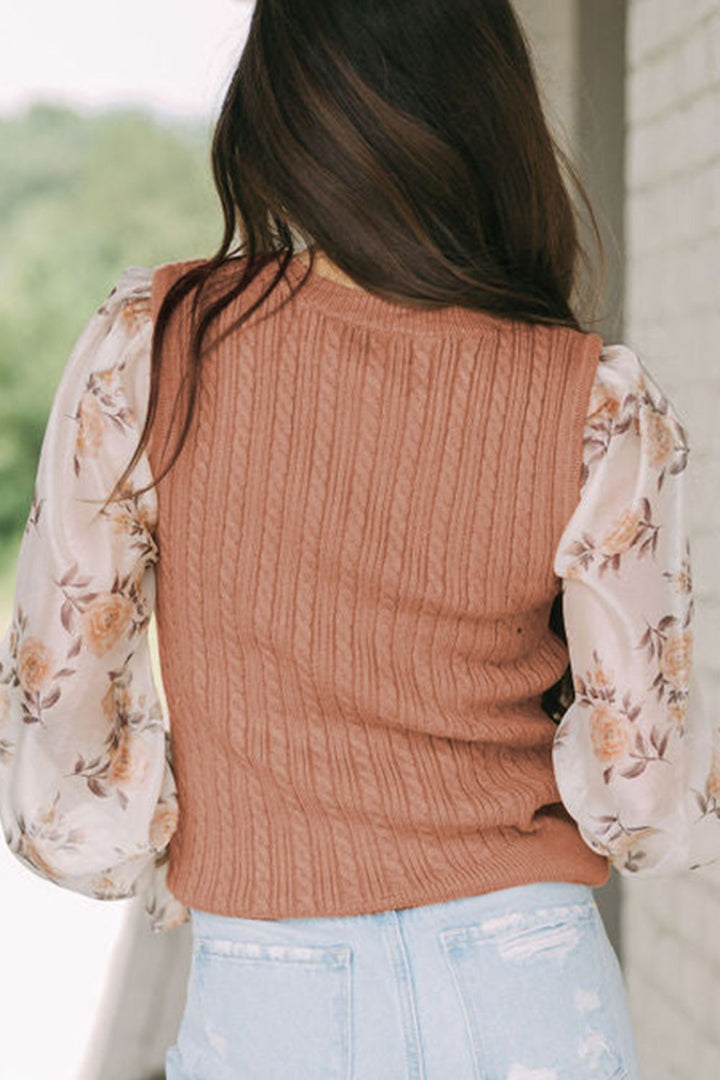 Cable Knit Round Neck Flounce Sleeve Sweater Trendsi