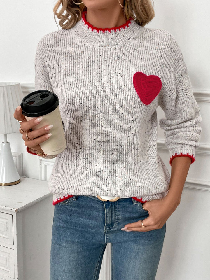 Perfee Contrast Heart Round Neck Long Sleeve Sweater Trendsi