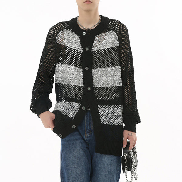 Autumn New Korean Style Contrast Color Striped Hollow Knitted Sweater Coat Ins - Super Amazing Store