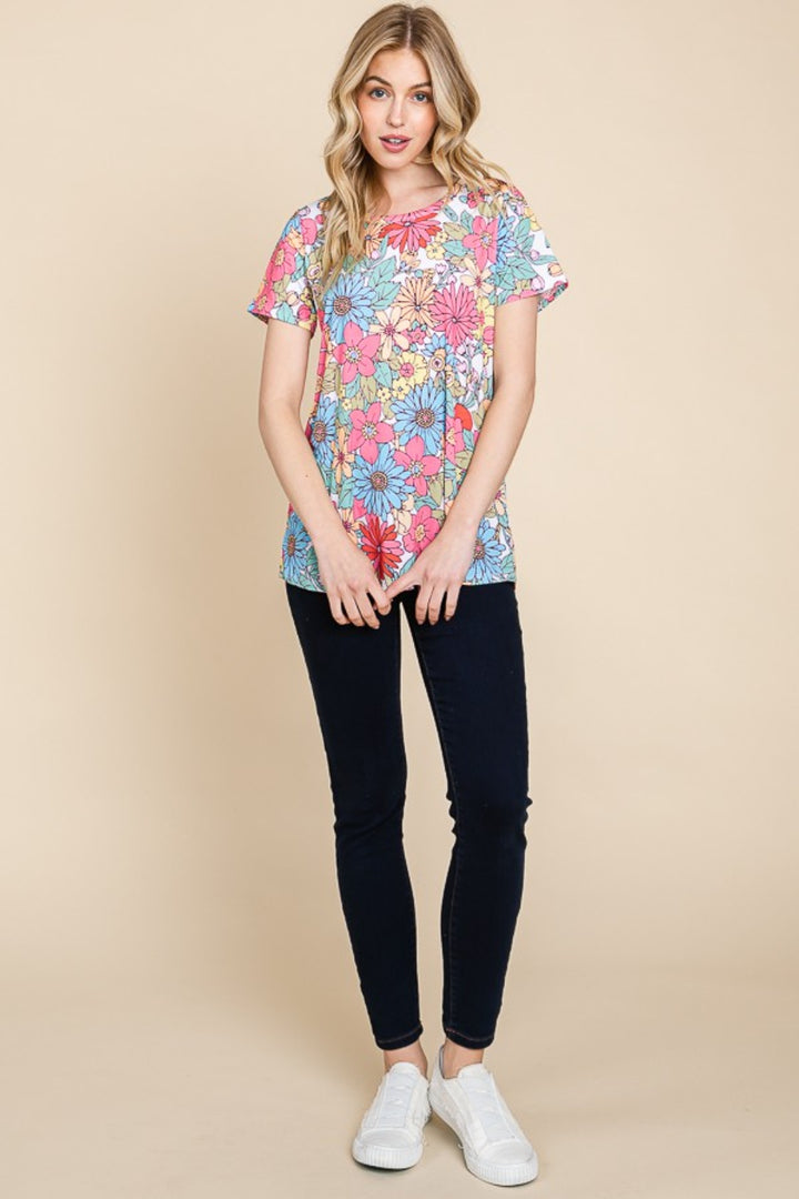 BOMBOM Floral Short Sleeve T-Shirt Trendsi