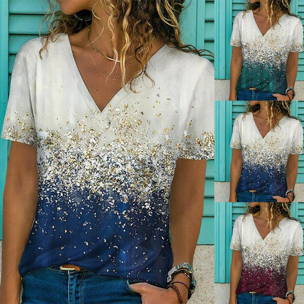 Digital Printed V-neck Short Sleeved Top - Super Amazing Store