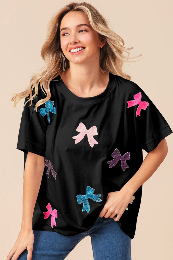 BiBi Sequin Bow Patch Short Sleeve T-Shirt Trendsi