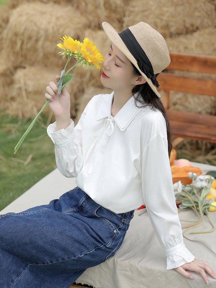 Sweet And Chic Blouse White Long-sleeved Shirt Women - Super Amazing Store