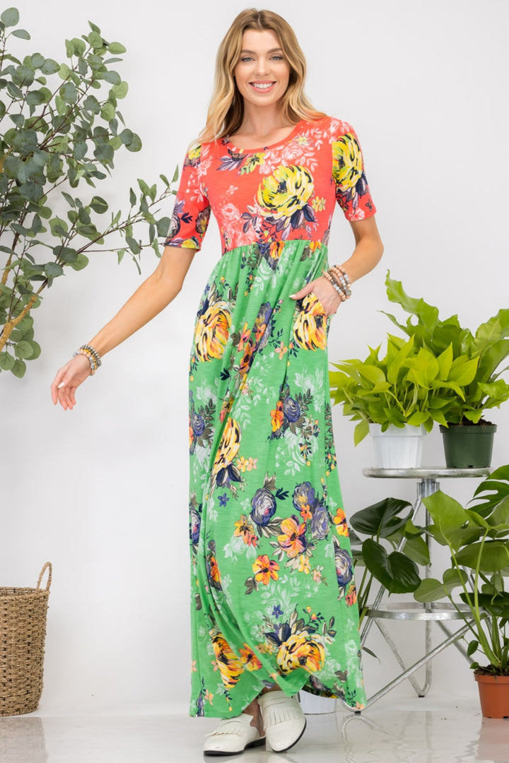 Celeste Full Size Printed Round Neck Short Sleeve Maxi Dress Trendsi