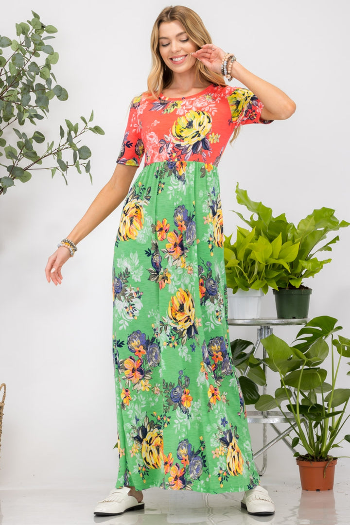 Celeste Full Size Printed Round Neck Short Sleeve Maxi Dress Trendsi