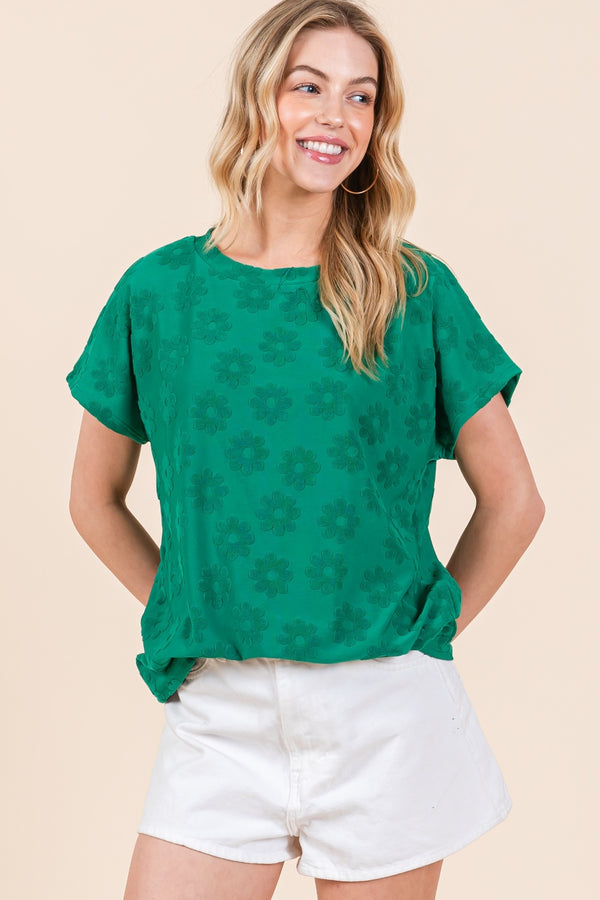 BOMBOM Textured Floral Pattern Short Sleeve T-Shirt Trendsi