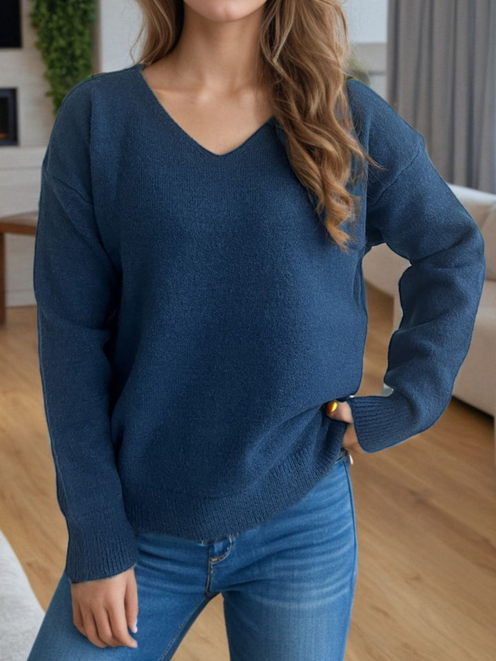 V-Neck Dropped Shoulder Long Sleeve Sweater Trendsi