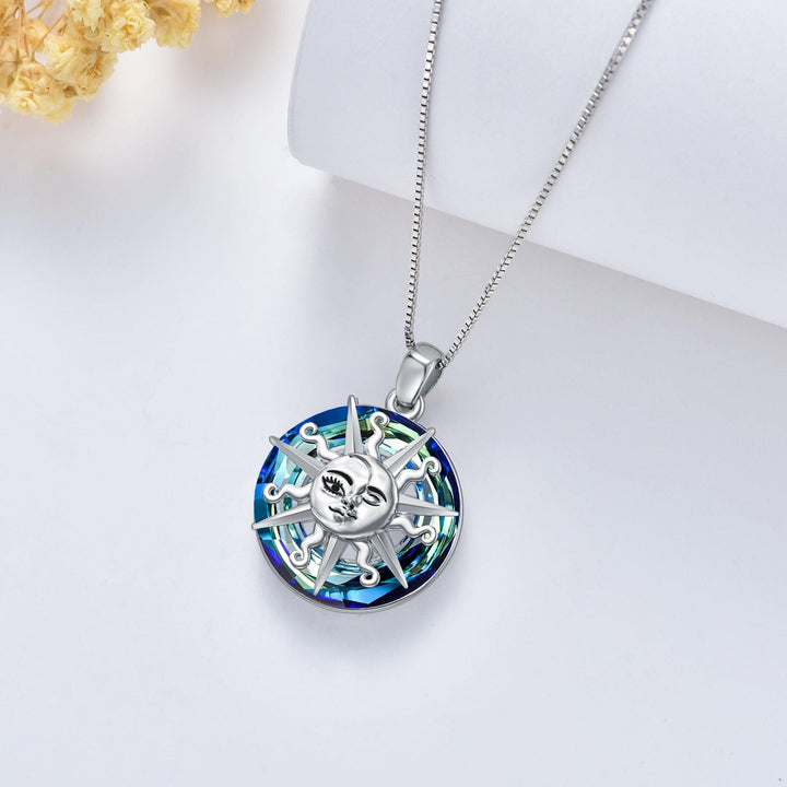 Sun and Moon Crystal Necklace 925 Sterling Silver Sun and Moon Face Necklaces Pendant Crystal Jewelry Gifts - Super Amazing Store