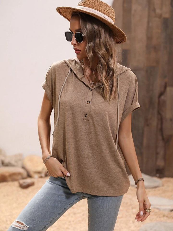 Half Button Hooded Short Sleeve Blouse Trendsi