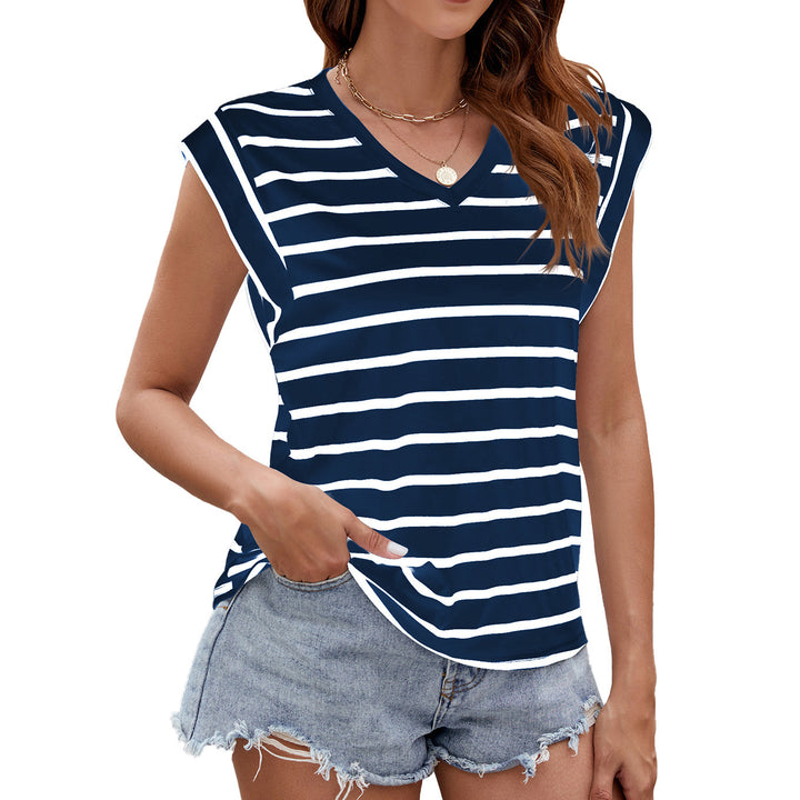 Fashion Stripe Print V-neck Short-sleeved T-Shirt Summer Loose Tank Top Womens Clothing-Super Amazing Store