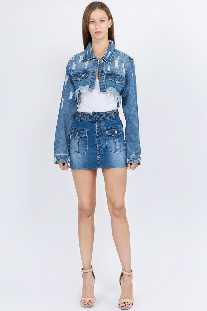 American Bazi Distressed Denim Jacket with Frayed Hem Trendsi