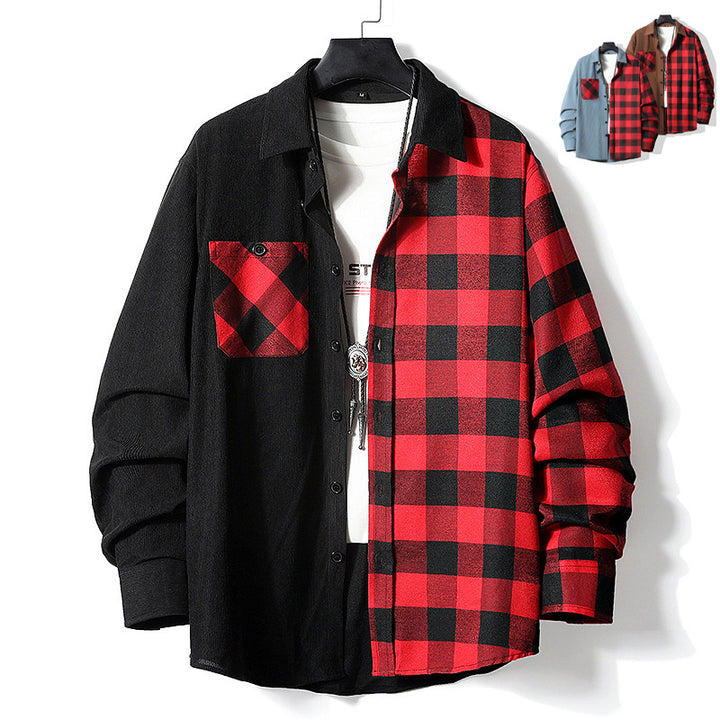 Casual Color-matching Plaid Shirt Autumn And Winter Corduroy Long-sleeved Lapel Shirt Q2