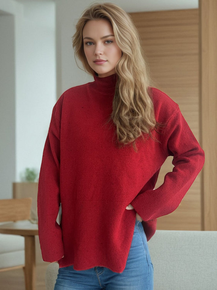 Side Slit Turtleneck Long Sleeve Sweater Trendsi