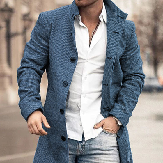 Autumn And Winter Men's Woolen Stand Collar Medium Long Pocket Casual Coat Q2