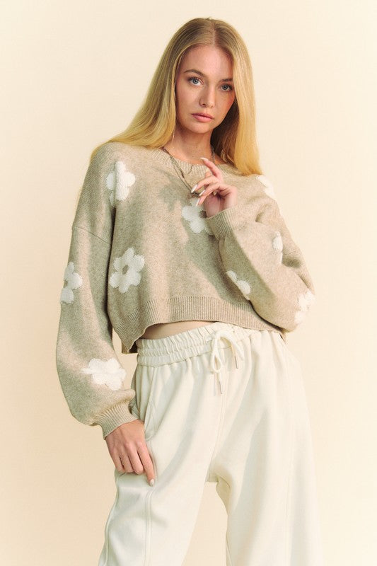 Davi & Dani Floral Drop Shoulder Cropped Sweater Trendsi