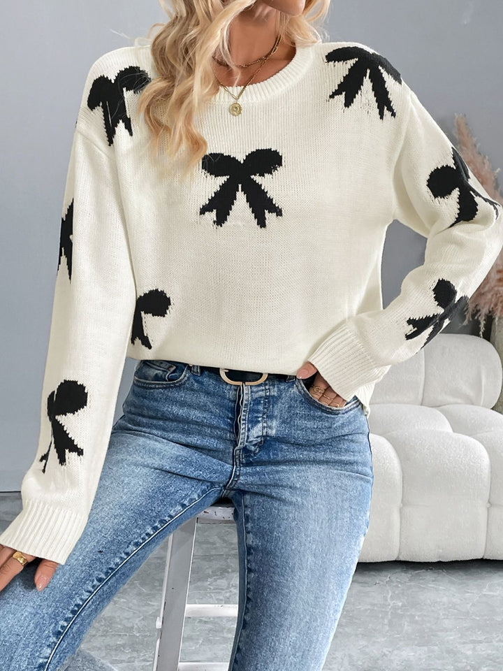 Perfee Bow Graphic Round Neck Long Sleeve Sweater Trendsi