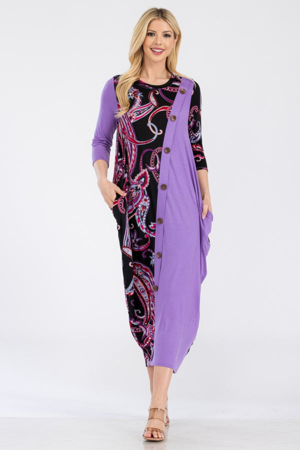 Celeste Full Size Paisley Contrast Midi Dress with Pockets Trendsi