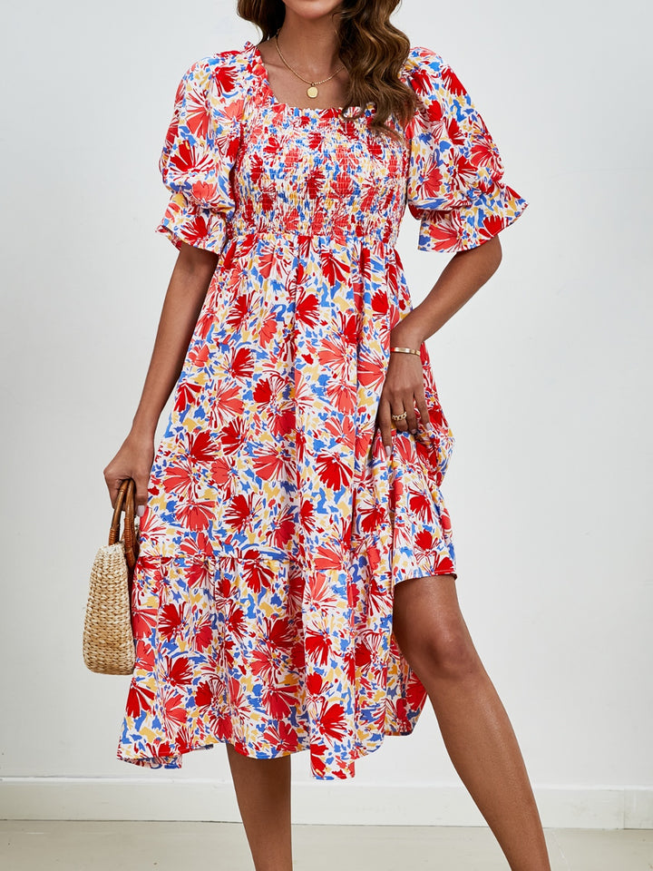 Smocked Floral Square Neck Short Sleeve Dress Trendsi