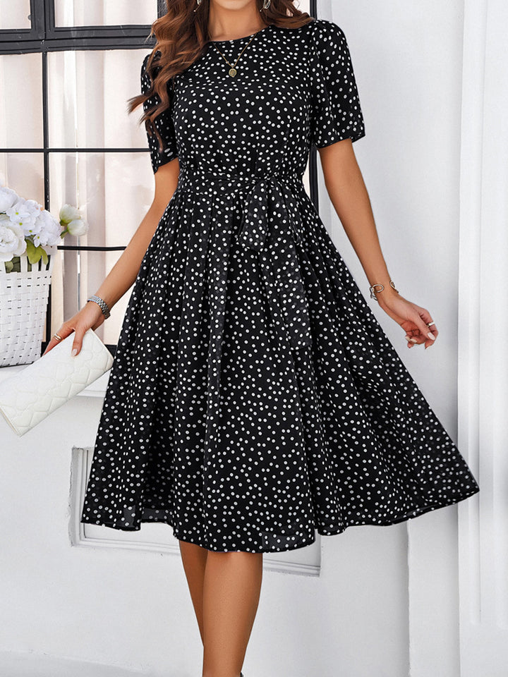 Printed Round Neck Short Sleeve Dress Trendsi