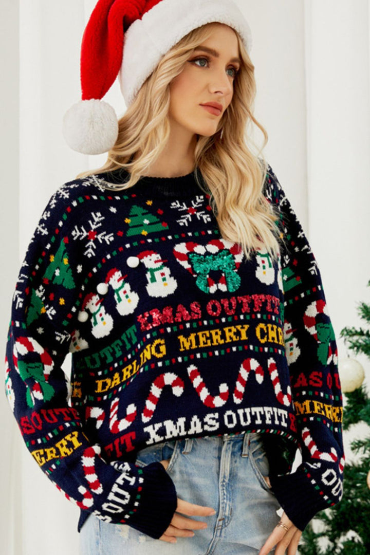 Christmas Print Crewneck Dropped Shoulder Sweater Trendsi